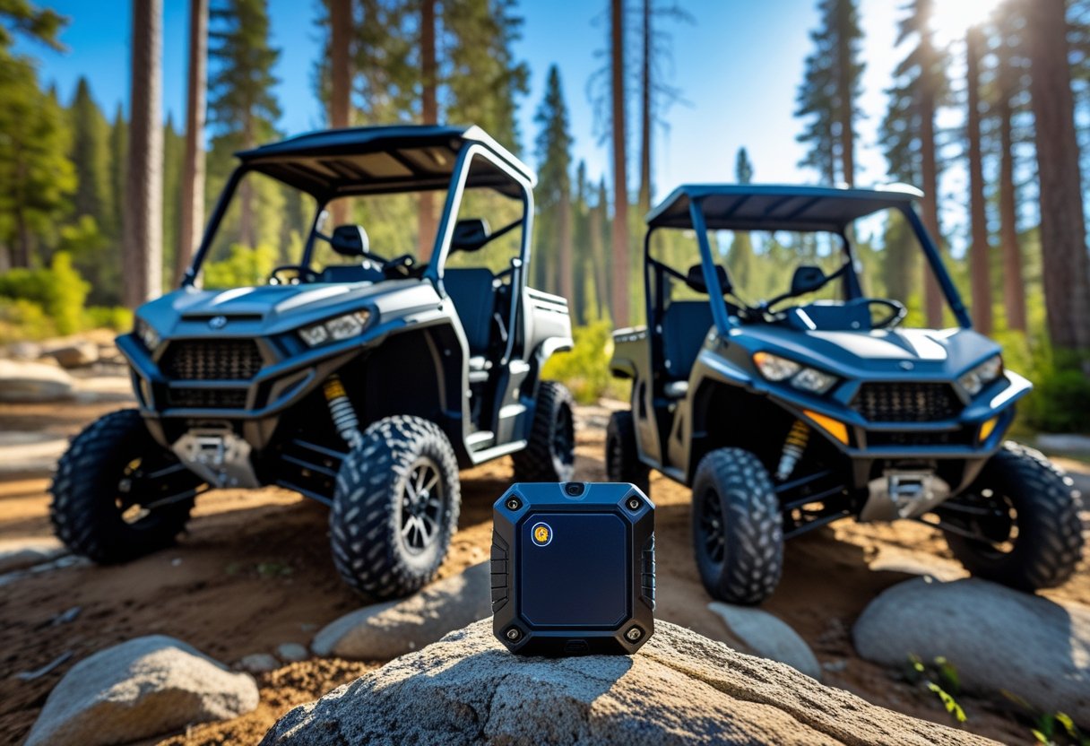 An ATV and a UTV parked in a forested area with a GPS tracker attached to one vehicle's frame.