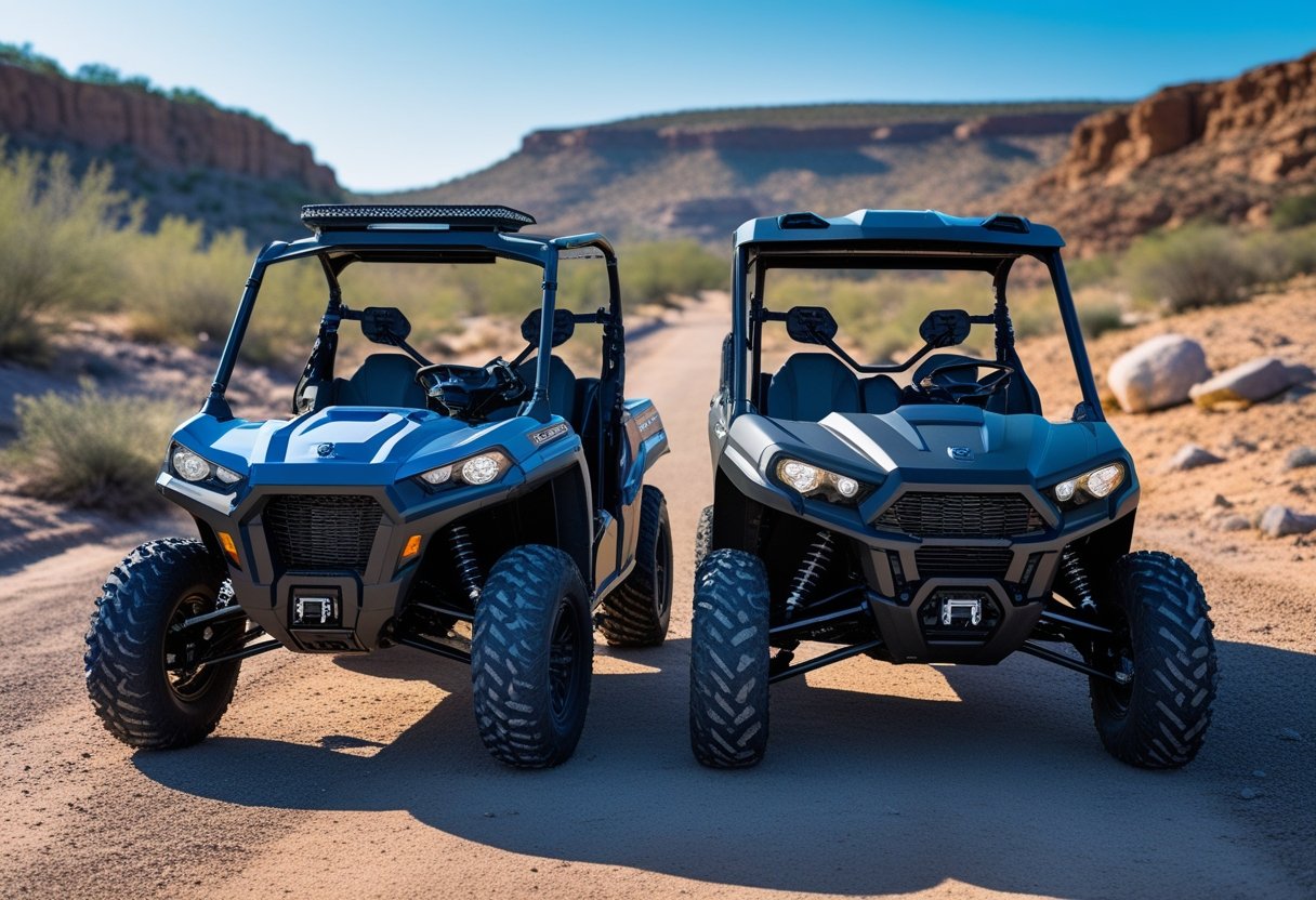 An ATV and a UTV parked outdoors on a dirt trail with GPS tracking devices mounted on their dashboards under clear blue skies.