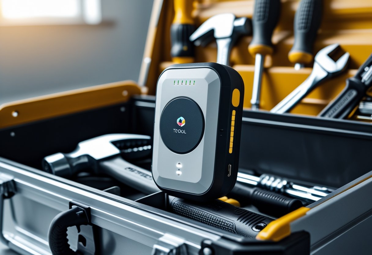 Close-up of a GPS tracker attached to tools inside an open toolbox in a workshop.