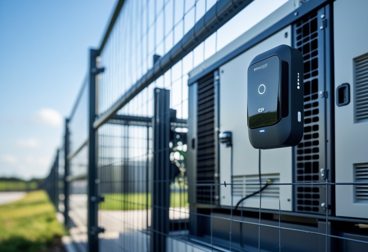 An outdoor industrial generator secured with a GPS tracking device attached, surrounded by a fence and greenery.