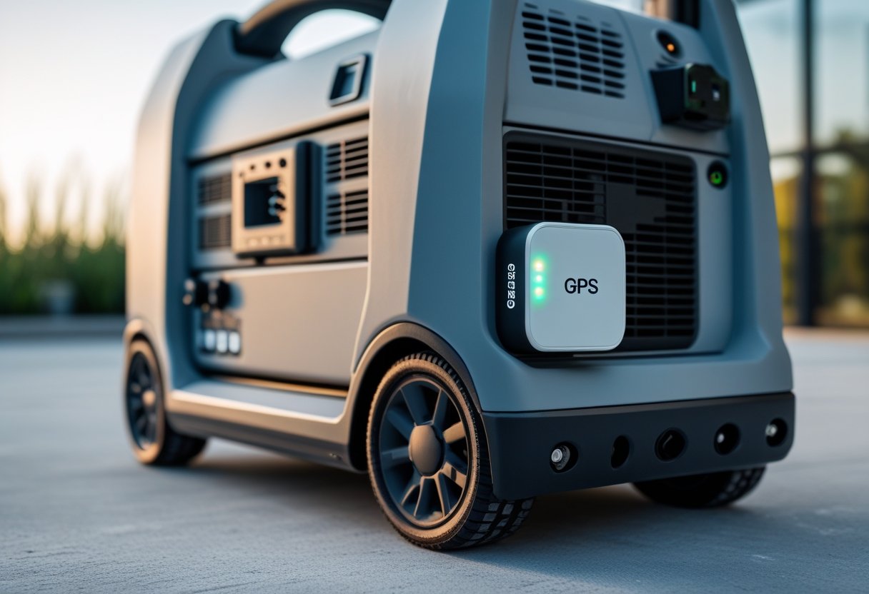 A portable generator outdoors with a small GPS tracking device attached to it.