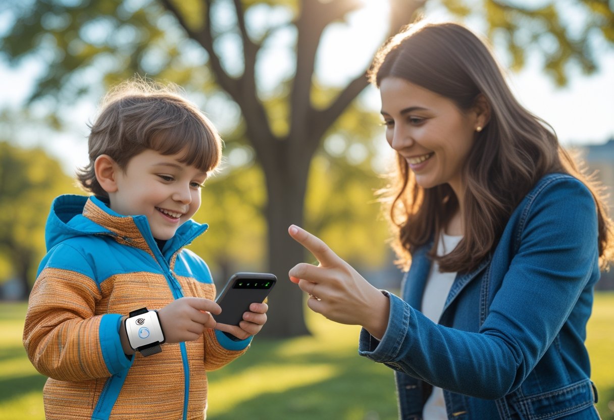 A child wearing a GPS tracking wristband looks at a smartphone held by a smiling parent outdoors in a park.