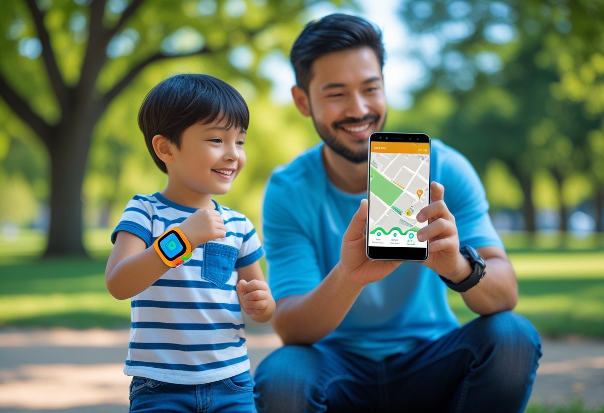 A child wearing a GPS tracker wristband playing in a park while a parent holds a smartphone displaying a map.