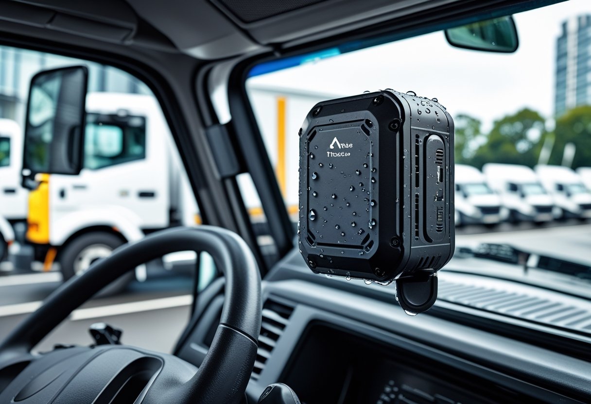 A GPS tracker device mounted on a delivery truck dashboard with water droplets on it, showing several fleet vehicles outside on a busy road.
