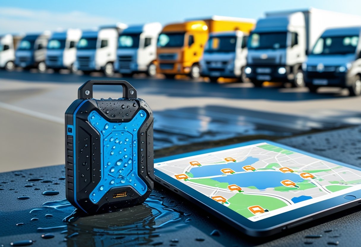 A waterproof GPS tracker device next to a tablet showing a digital map with vehicle icons, with a fleet of trucks and vans in the background.