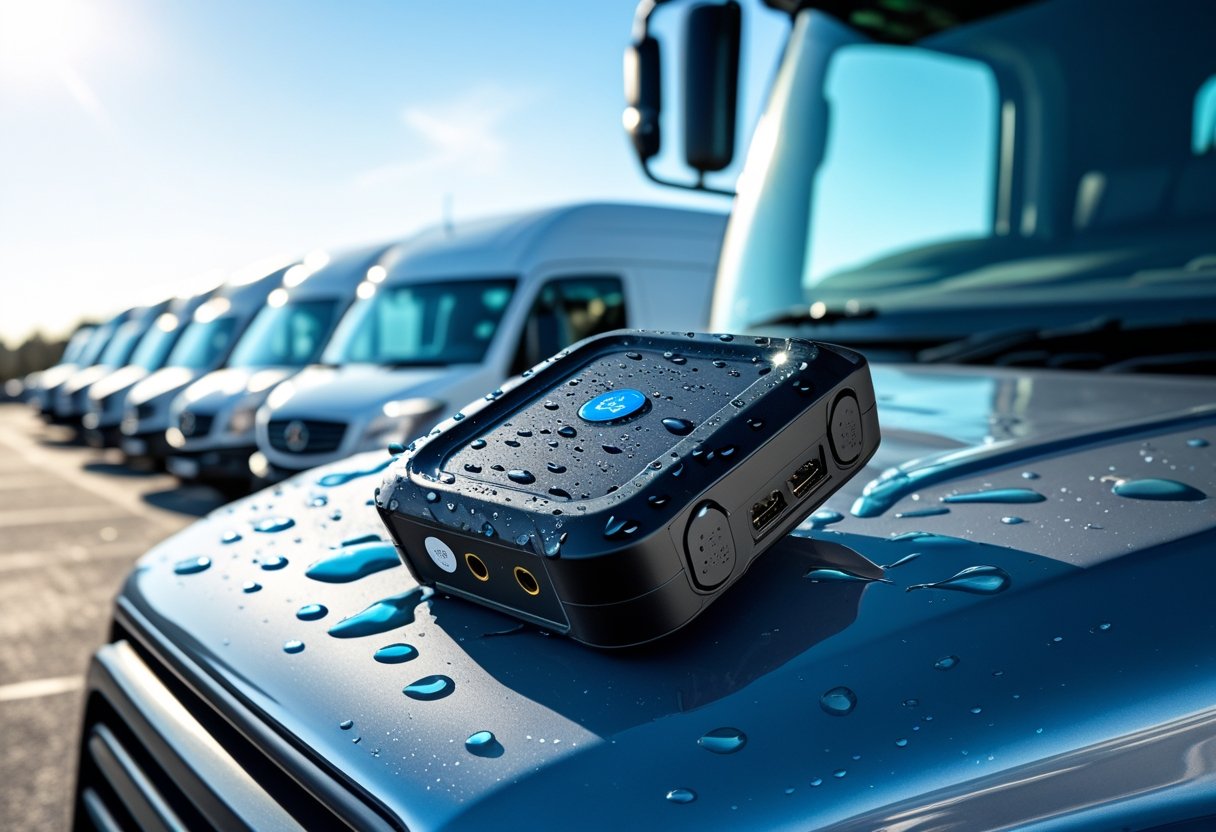 A waterproof GPS tracker device on the hood of a commercial truck with a fleet of vehicles in the background.
