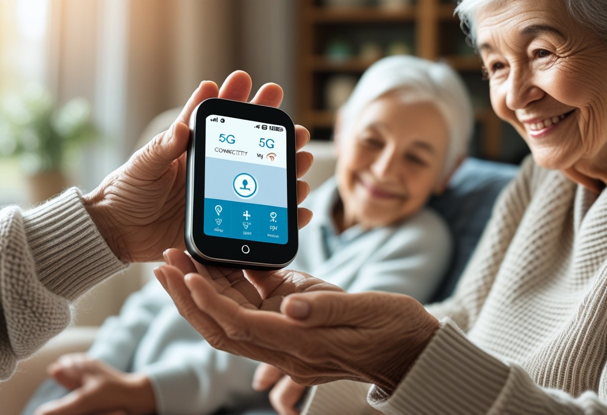 An elderly person holding a modern GPS tracker device with a younger family member smiling nearby in a cozy home setting.
