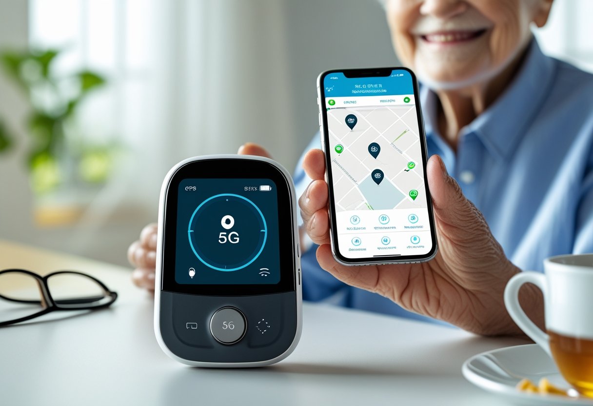 An elderly person holding a smartphone showing a location tracking app, with a GPS tracker device on a table nearby.