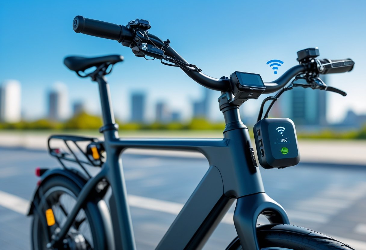 An electric bike outdoors with a small GPS tracking device mounted on the handlebars against a cityscape background.