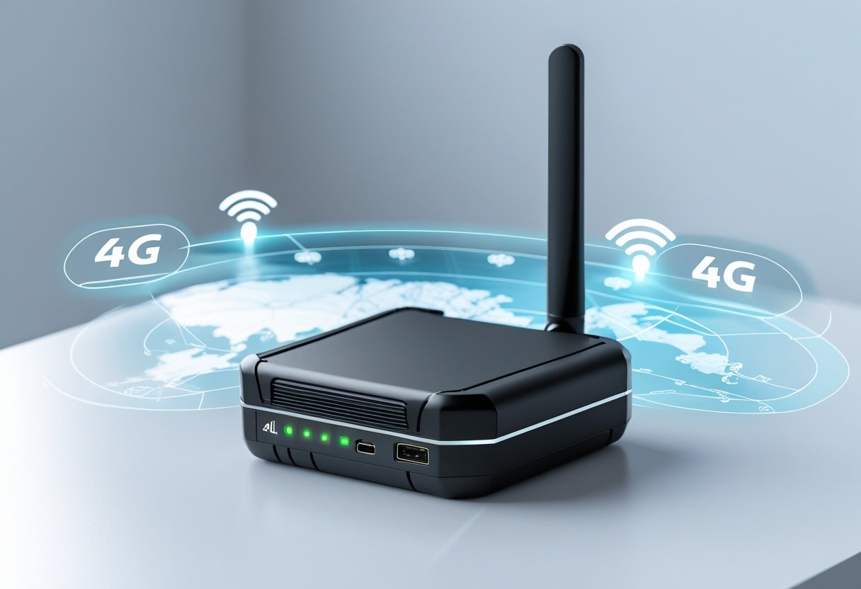 A compact 4G LTE GPS asset tracking device on a white surface with digital map and signal graphics in the background.