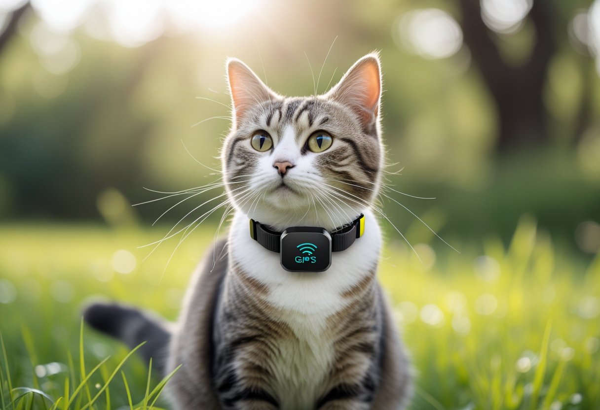 A domestic cat outdoors wearing a small GPS tracker collar around its neck.