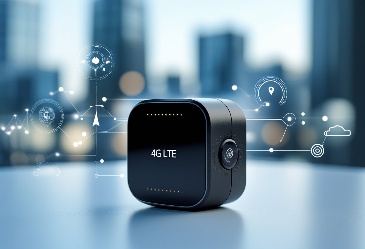 A small black portable GPS tracker resting on a white surface with a blurred cityscape and digital network signals in the background.