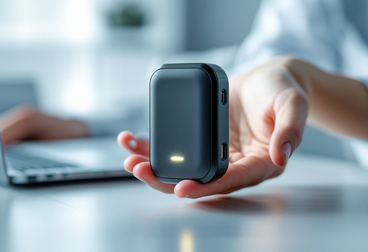 A small portable GPS tracker device held in a hand with a blurred tech workspace background.