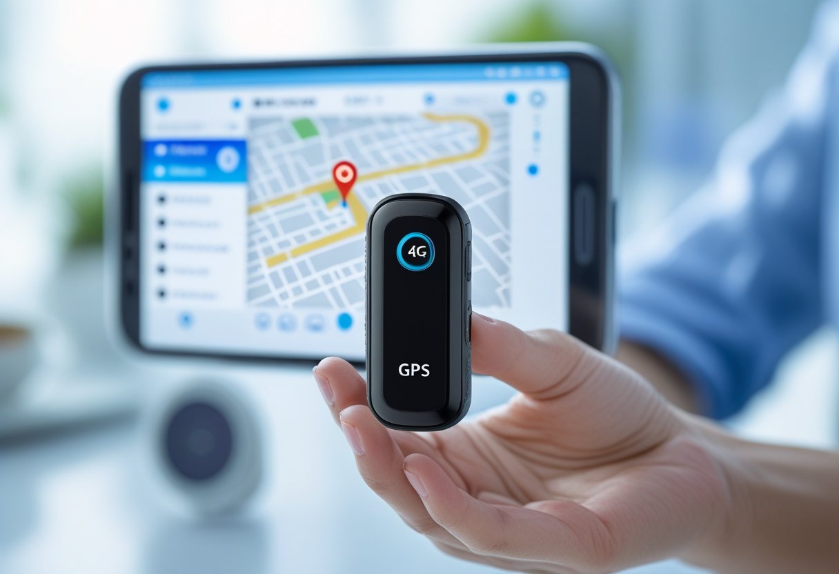 A person holding a small portable GPS tracker with a smartphone displaying a digital map and moving location marker in the background.