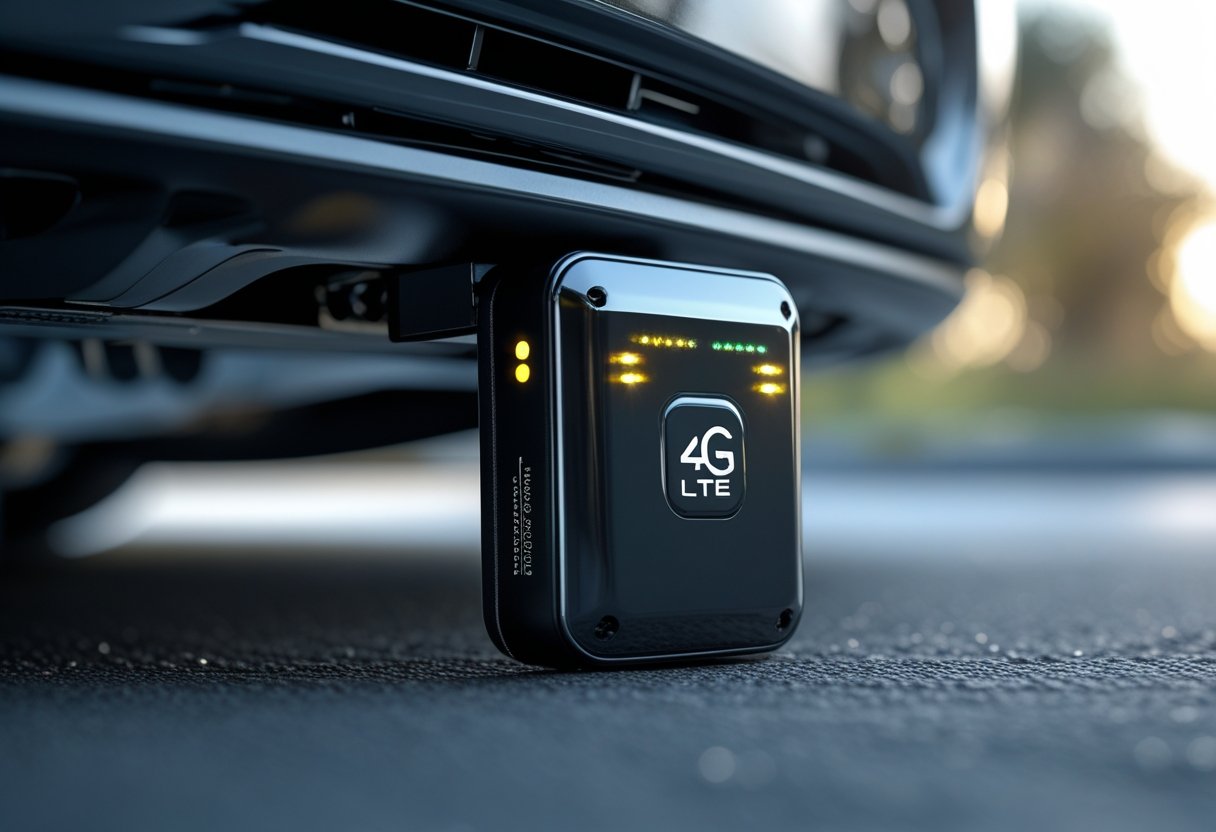 Close-up of a small magnetic GPS tracker attached underneath a vehicle with a blurred outdoor background.
