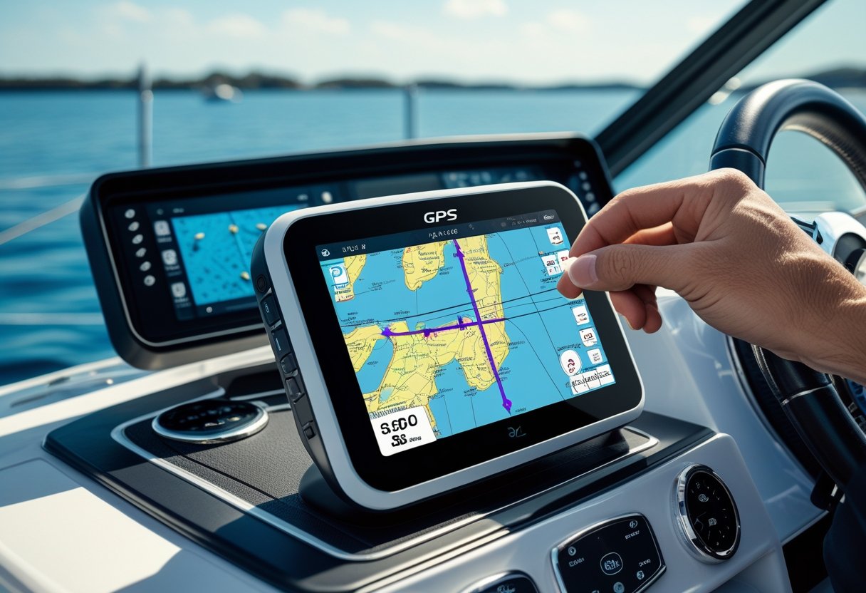 A GPS tracker device on a boat dashboard showing a nautical map, with a captain’s hand interacting with it and calm water in the background.