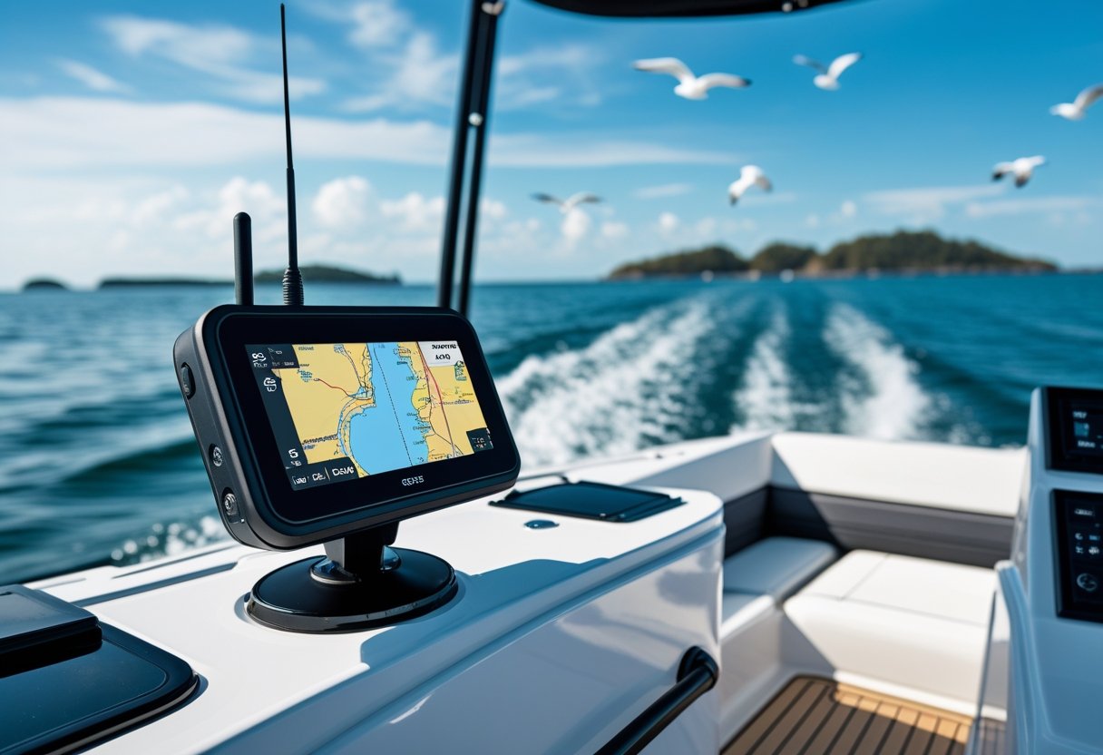A modern boat on calm water with a GPS tracker device mounted on the dashboard showing a nautical map.