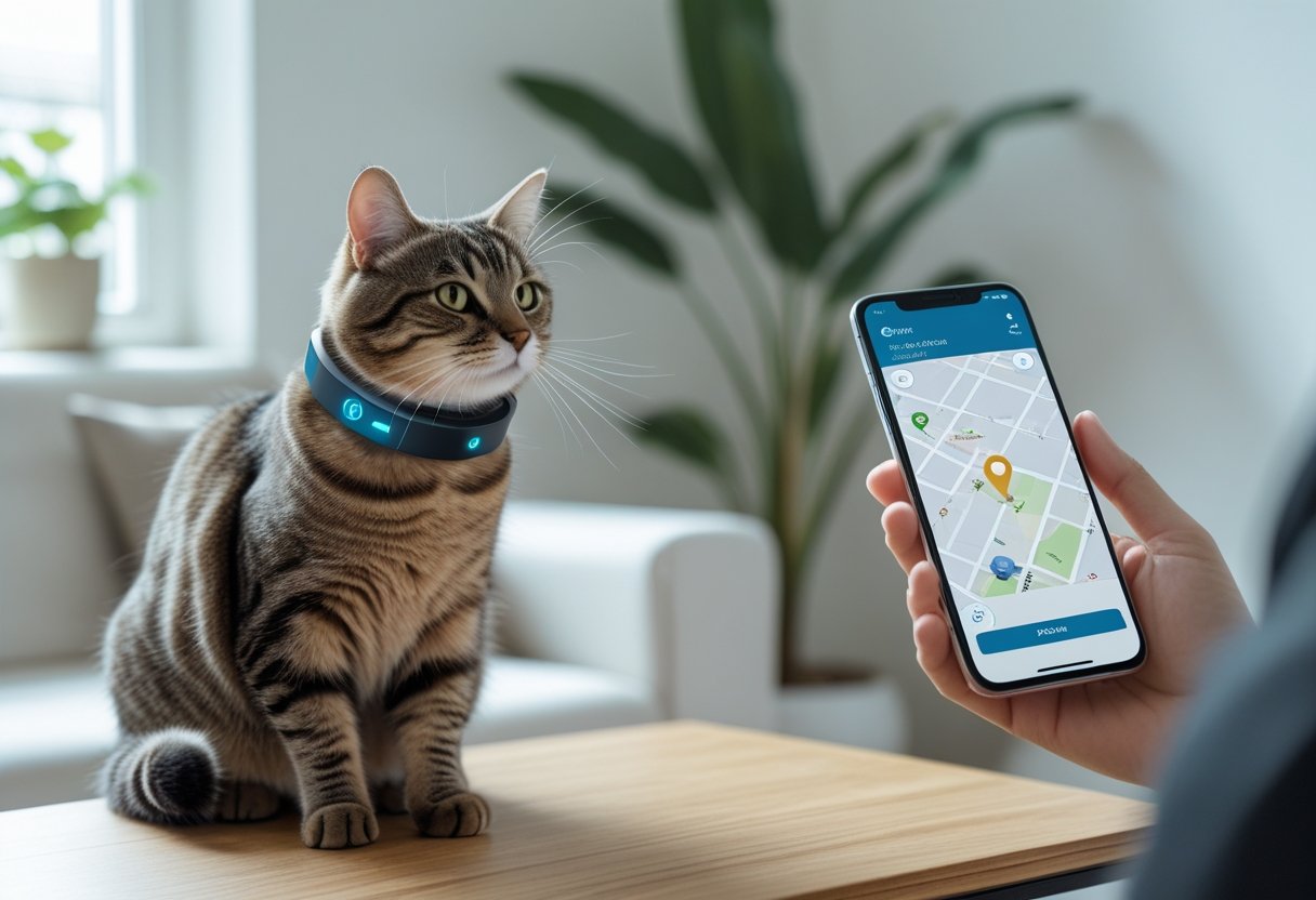 A cat wearing a GPS tracker collar sits on a table while a person holds a smartphone showing a map with the cat's location.