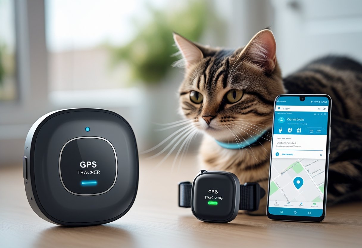 A domestic cat wearing a collar with a GPS tracker next to a smartphone showing a GPS tracking app.