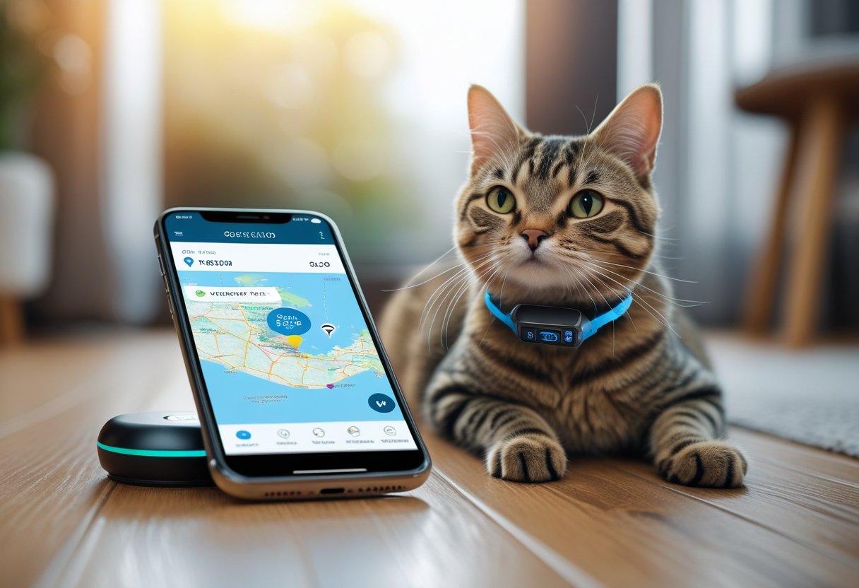 A cat wearing a GPS tracker collar sits near a smartphone showing a real-time location on a map.