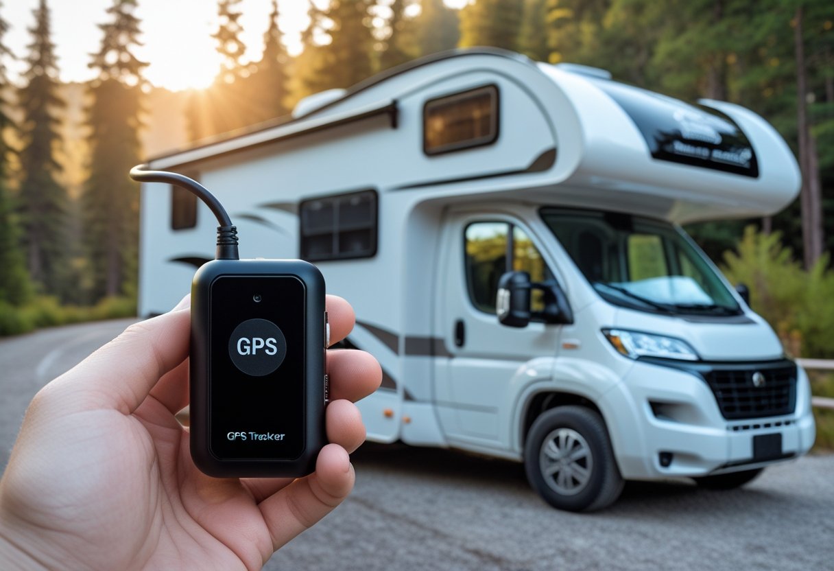 A person holding a compact GPS tracker near a parked RV in a natural outdoor setting.