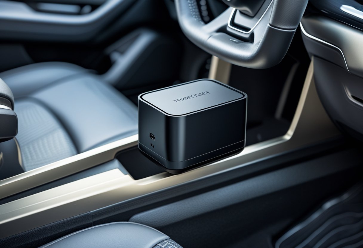 A small GPS tracker device hidden inside a car's interior near the dashboard.