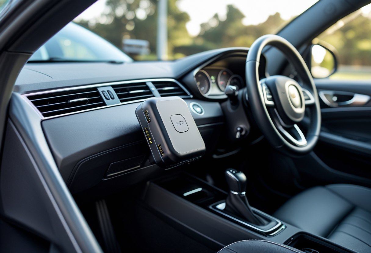 Interior of a modern car showing a hidden GPS tracker device placed discreetly under the dashboard.