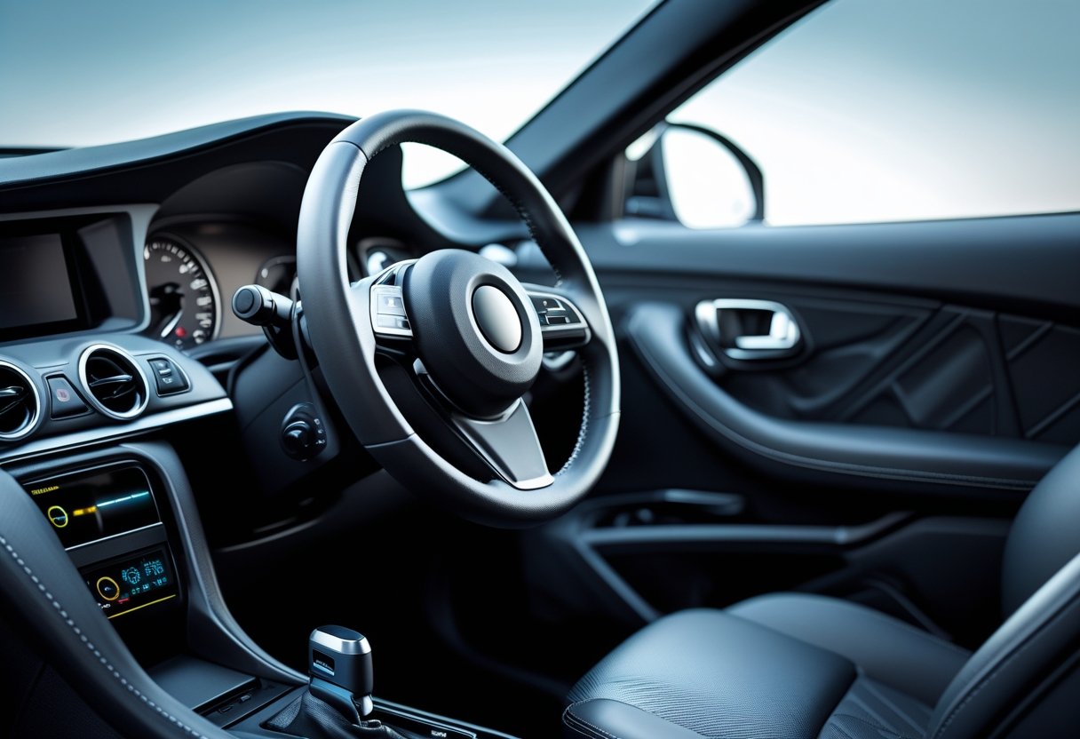 A small hidden GPS tracker device placed discreetly inside a modern car interior near the dashboard.