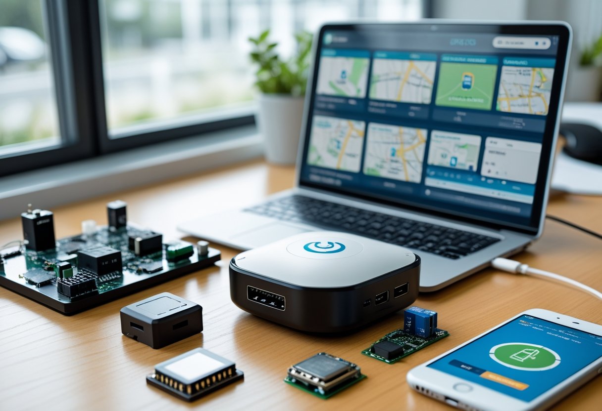 A GPS tracking device on a desk next to a laptop showing a fleet management map and a smartphone with a tracking app in a bright office.