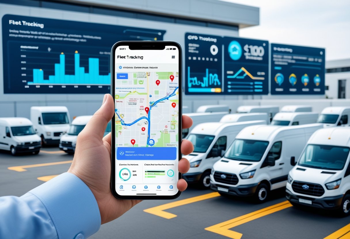 A business professional holding a GPS tracking device with a fleet of delivery vehicles in the background and a digital dashboard showing fleet tracking data.