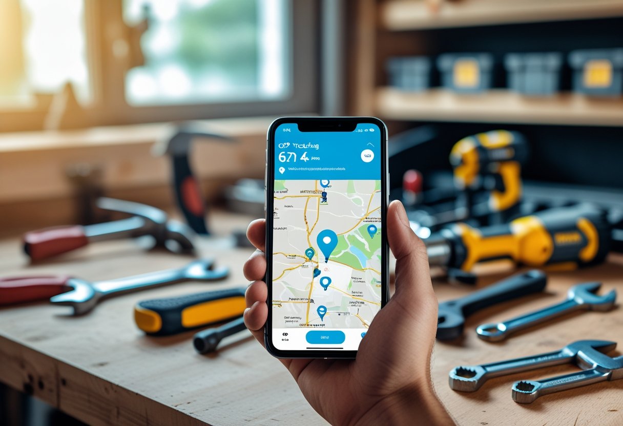 A hand holding a smartphone showing a GPS tracking map, with various tools like a hammer, screwdriver, and drill arranged on a wooden workbench.