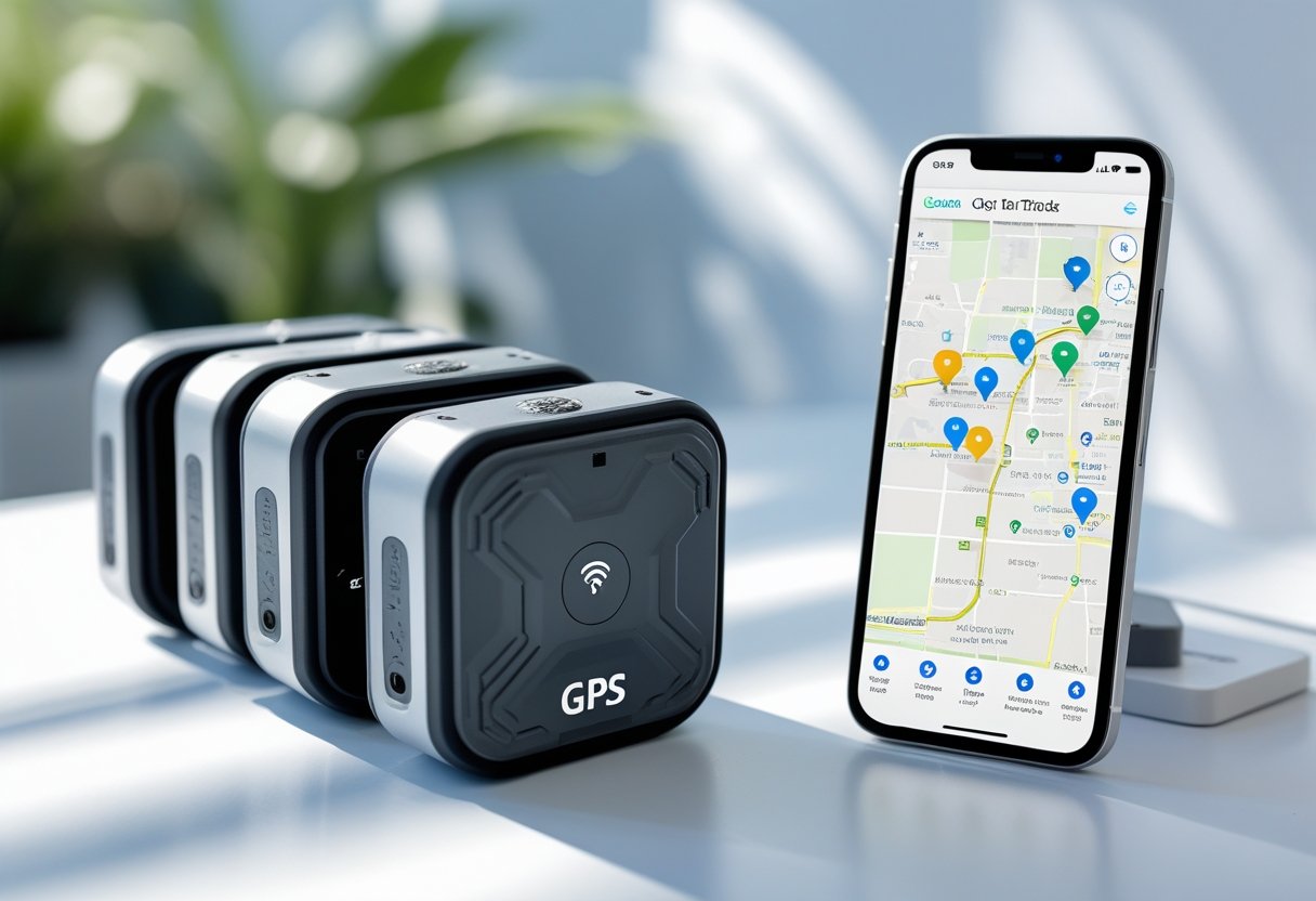 GPS tracking devices for tools next to an iPhone showing a map with location markers.