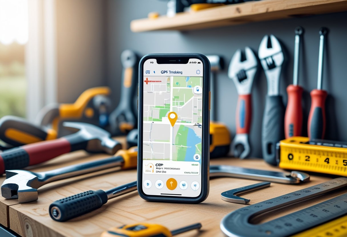 An iPhone displaying a GPS tracking app on a wooden workbench surrounded by various professional tools.