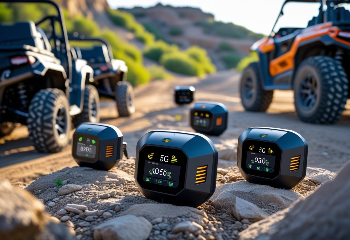 A collection of modern GPS trackers displayed on all-terrain vehicles in an outdoor off-road environment.