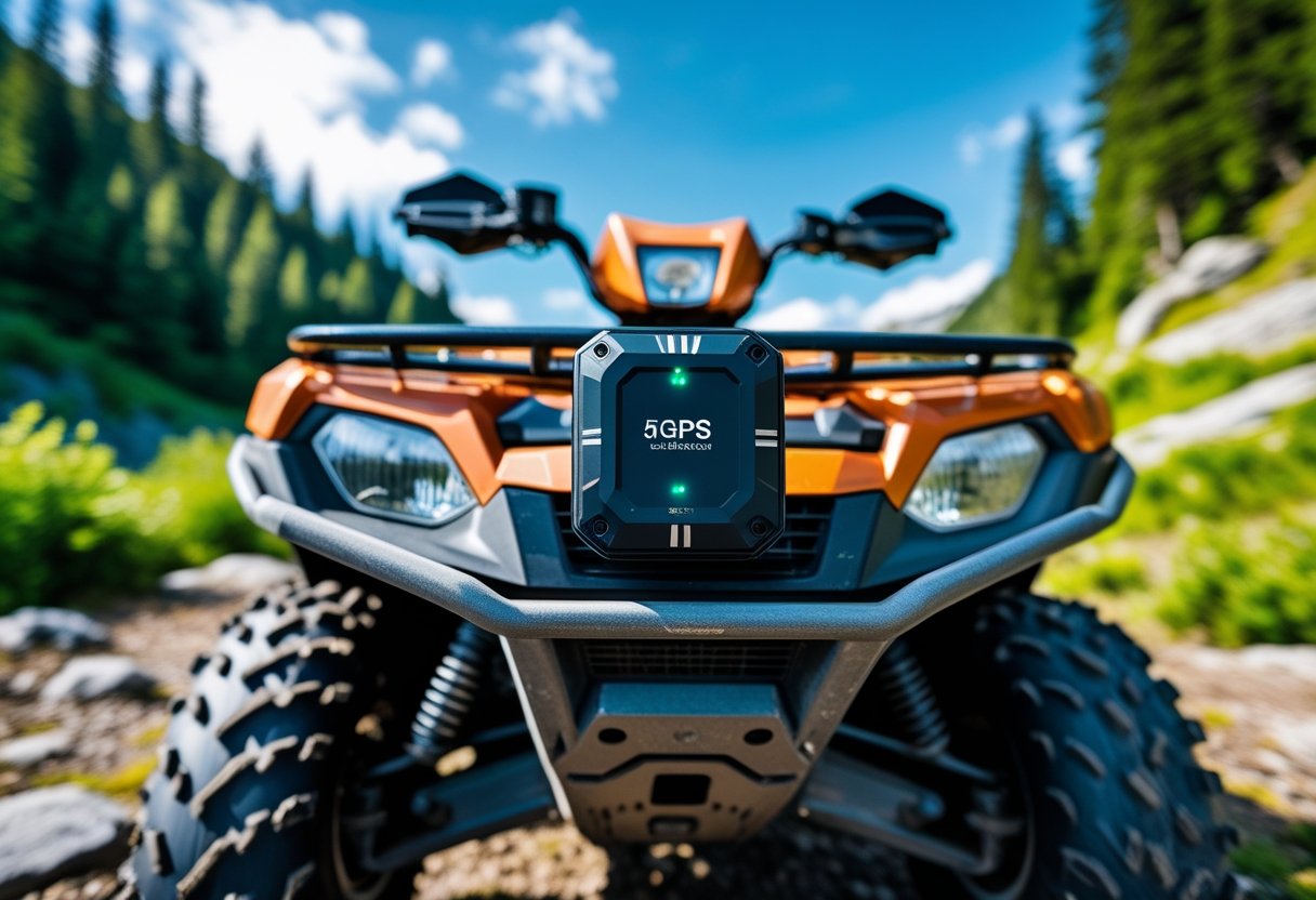 An ATV parked outdoors on a forest trail with a small GPS tracker mounted on it, surrounded by green trees and blue sky.