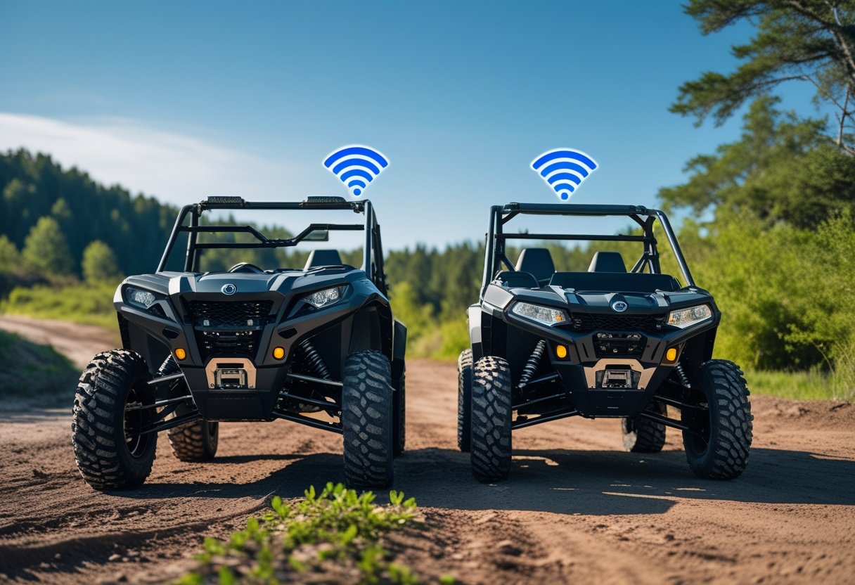 An ATV and UTV parked outdoors on a dirt trail with GPS tracking devices mounted on them, surrounded by trees and clear sky.