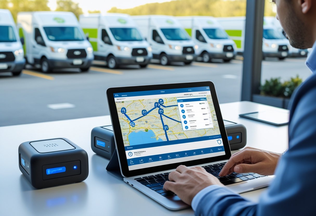 A fleet manager reviewing GPS tracking data on a tablet with commercial vehicles parked in the background.