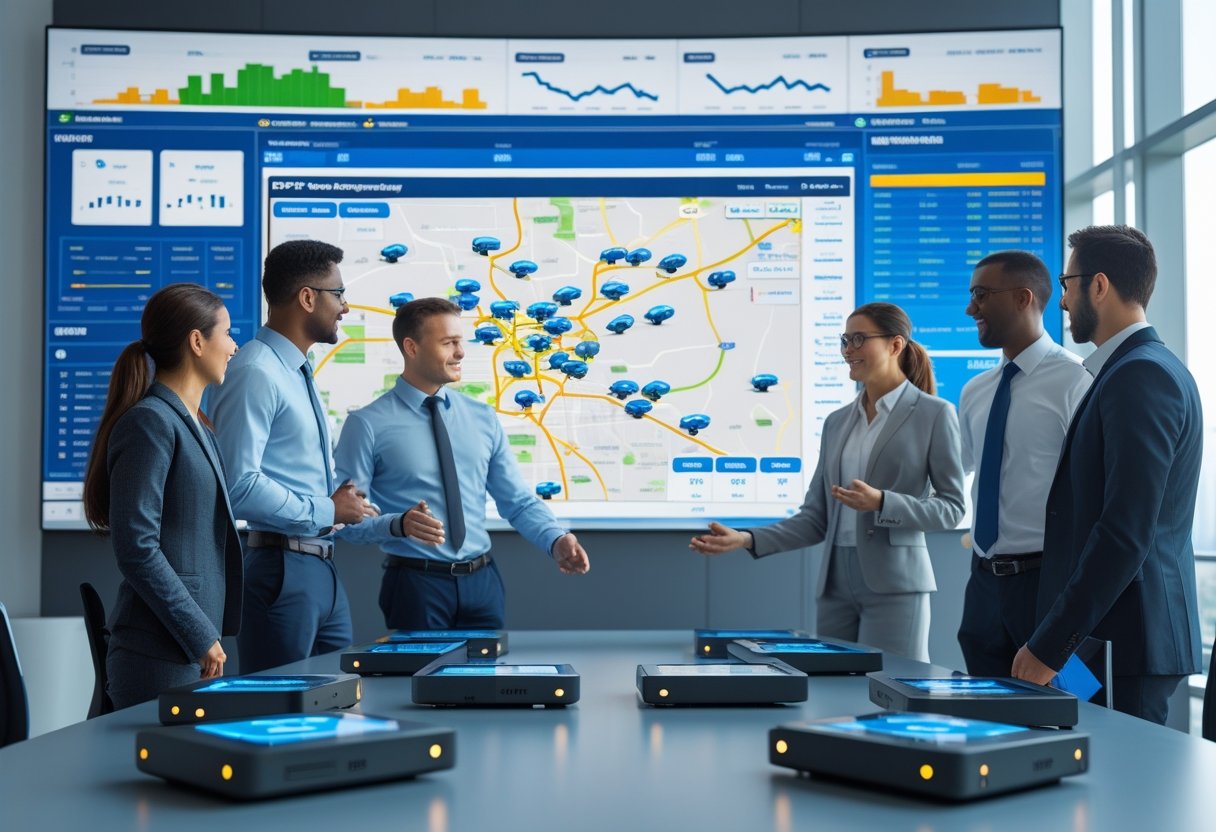 Fleet managers using a digital touchscreen table showing GPS tracking maps and data in a modern office.