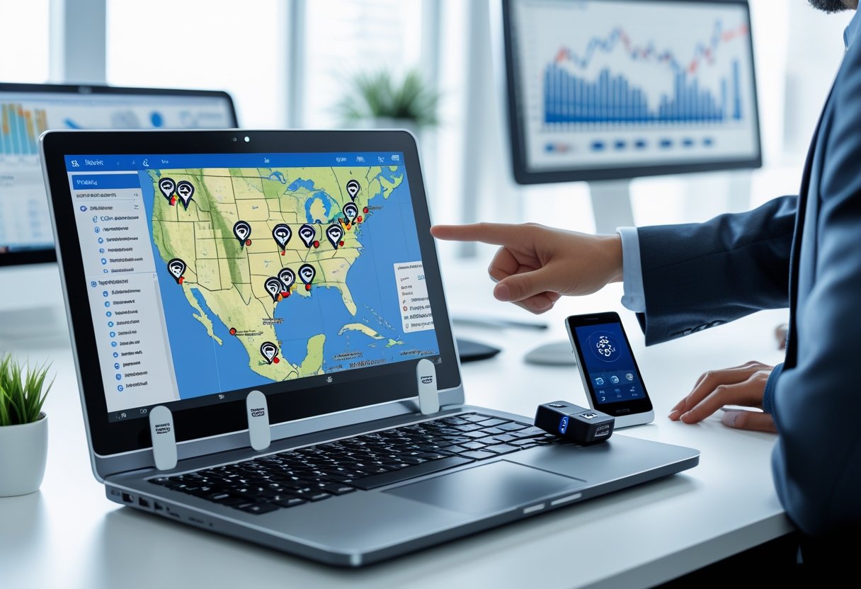 A person pointing at a laptop screen showing a digital map with GPS location pins, surrounded by GPS tracking devices and a smartphone on a desk in an office.