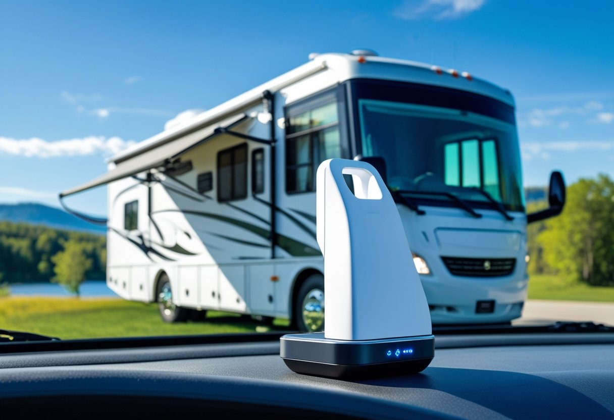 An RV parked outdoors with a 4G LTE GPS tracker device visible on the vehicle, surrounded by trees and clear blue sky.