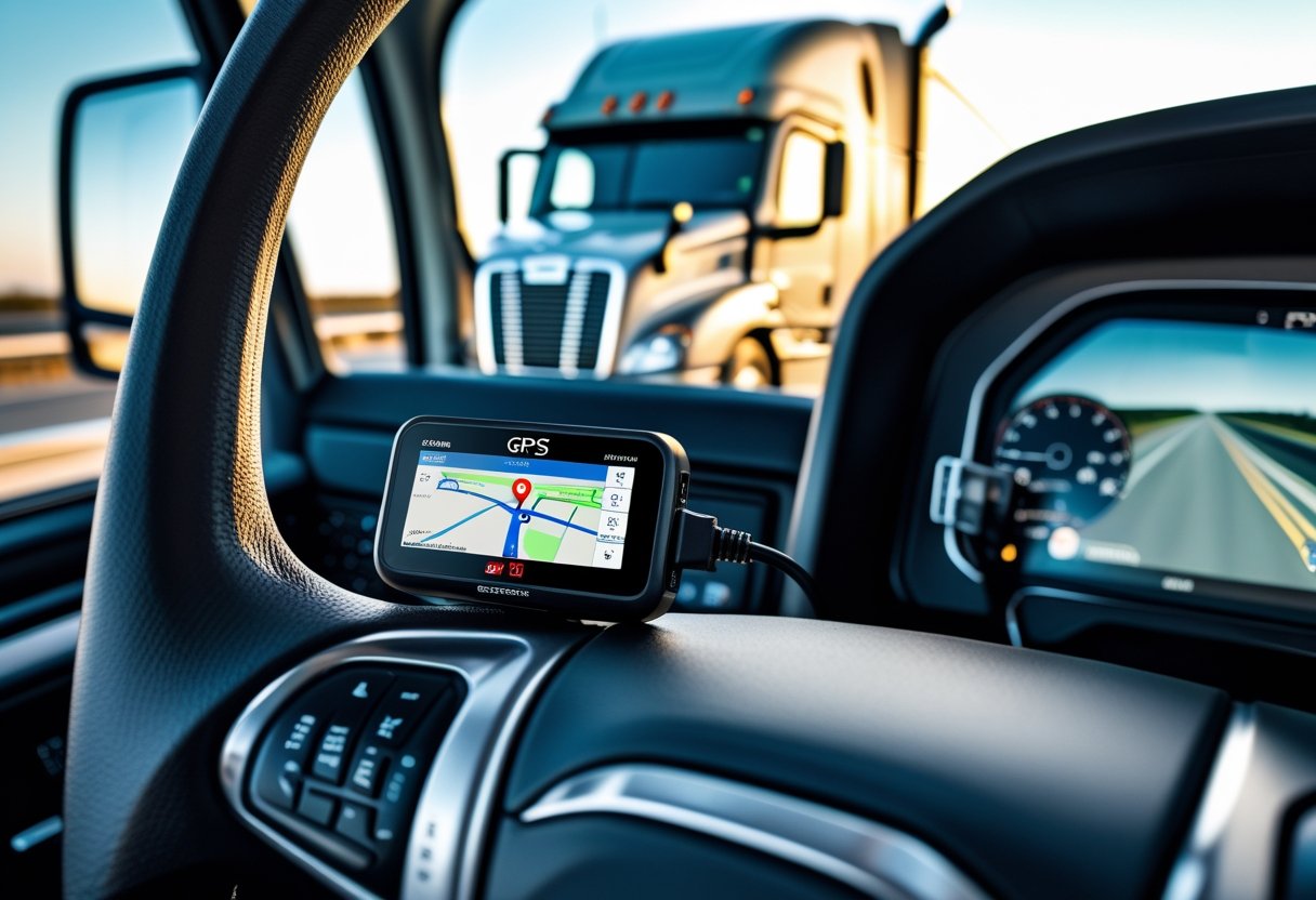 Close-up of a truck dashboard showing a GPS tracker connected to the OBD2 port with a semi-truck visible through the windshield.
