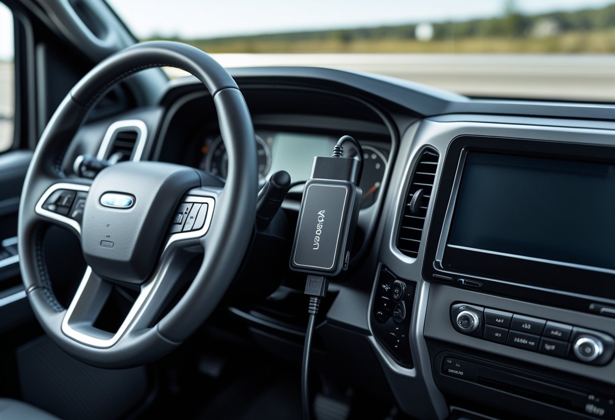 Close-up of a truck dashboard showing an OBD2 port with a GPS tracking device plugged in and a road visible through the windshield.