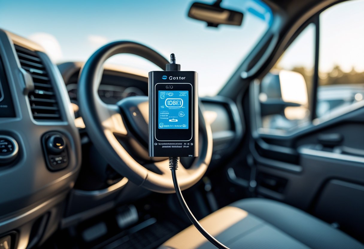 Close-up view of an OBD2 GPS tracker plugged into a truck's diagnostic port inside the driver's cabin.