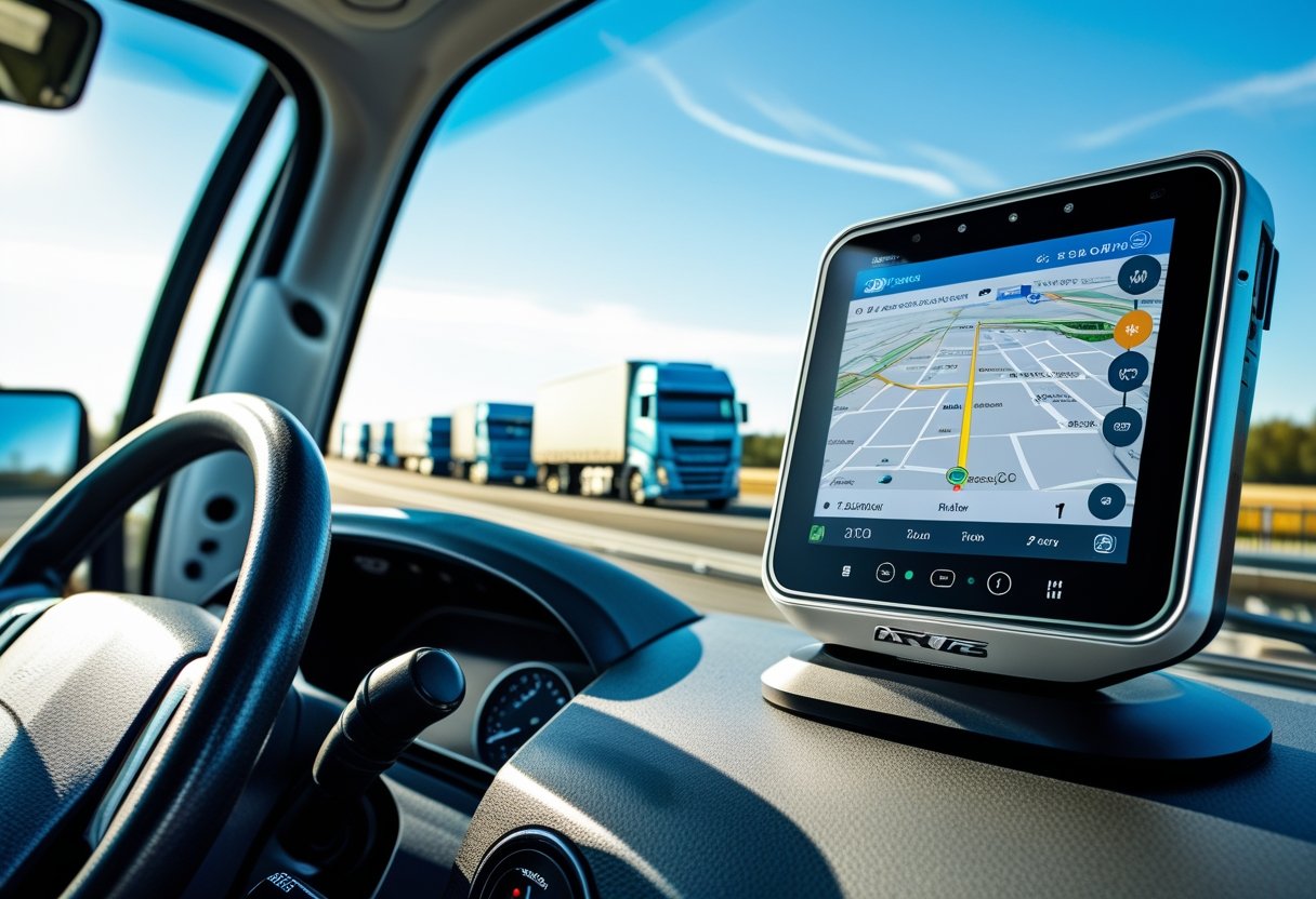 A GPS tracker device on a truck dashboard showing a map, with trucks driving on a highway visible through the windshield.