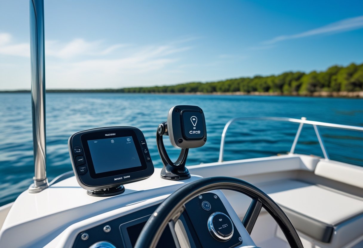 A small motorboat on calm water with a GPS tracking device mounted near the helm, set against a peaceful coastline and clear sky.