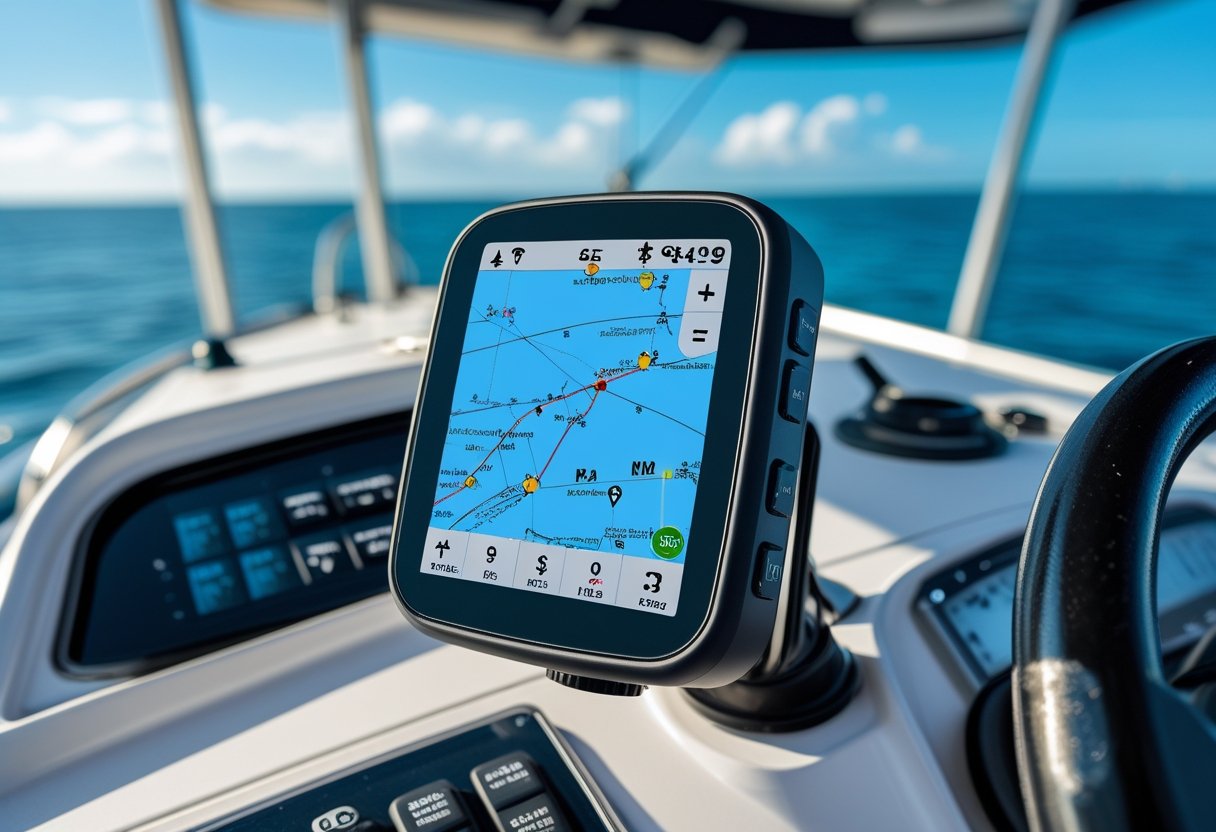 A marine GPS tracker device mounted on a boat dashboard with a nautical map on its screen, overlooking calm ocean waters on a sunny day.