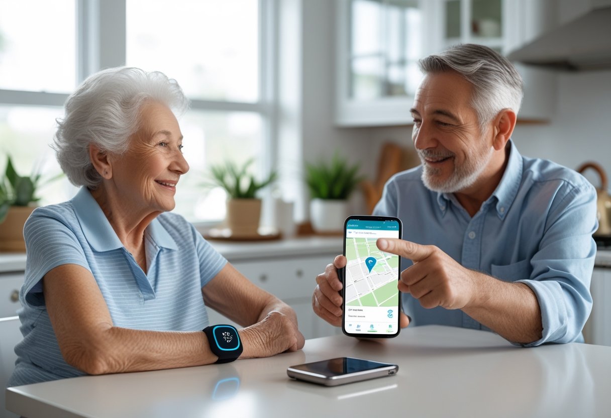 A senior woman and a middle-aged man sitting at a kitchen table looking at a smartphone with a GPS tracking app, the woman wearing a wrist GPS device.