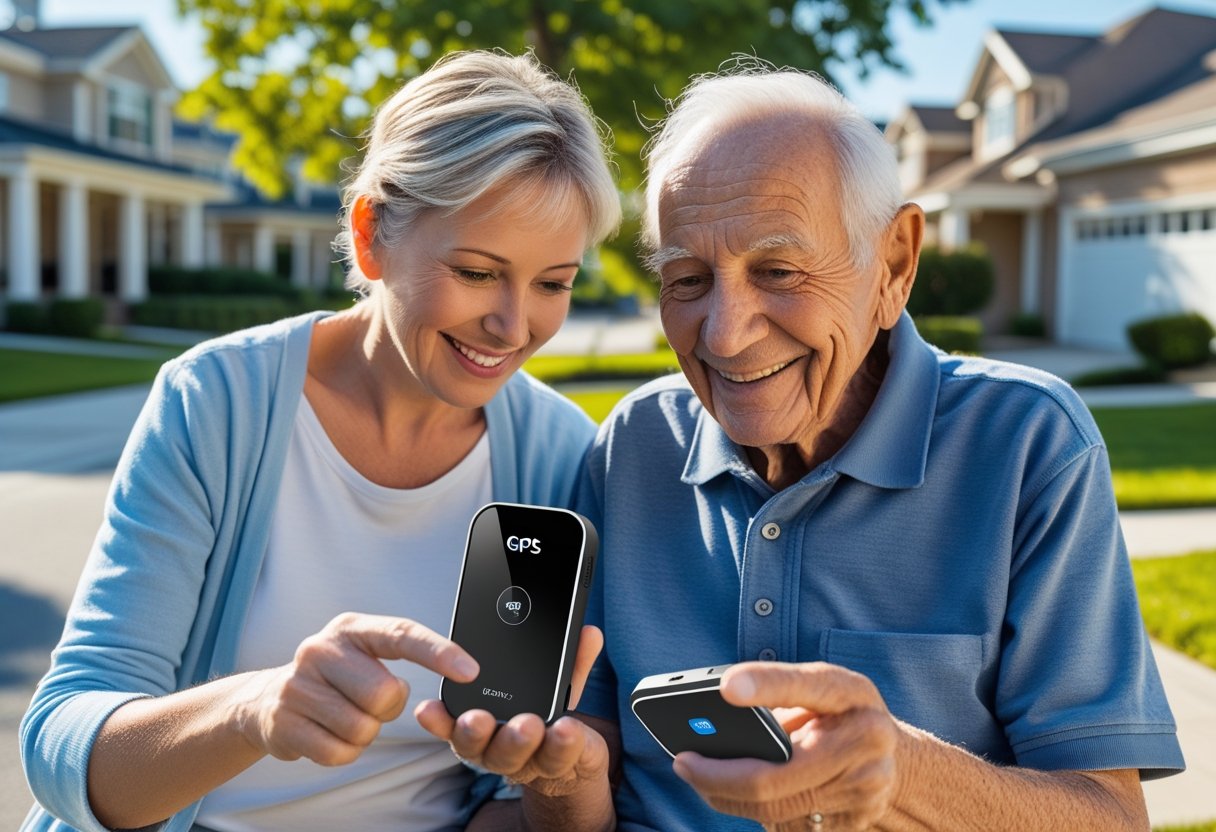 An elderly man outdoors with a woman helping him use a small GPS tracking device in a suburban neighborhood.