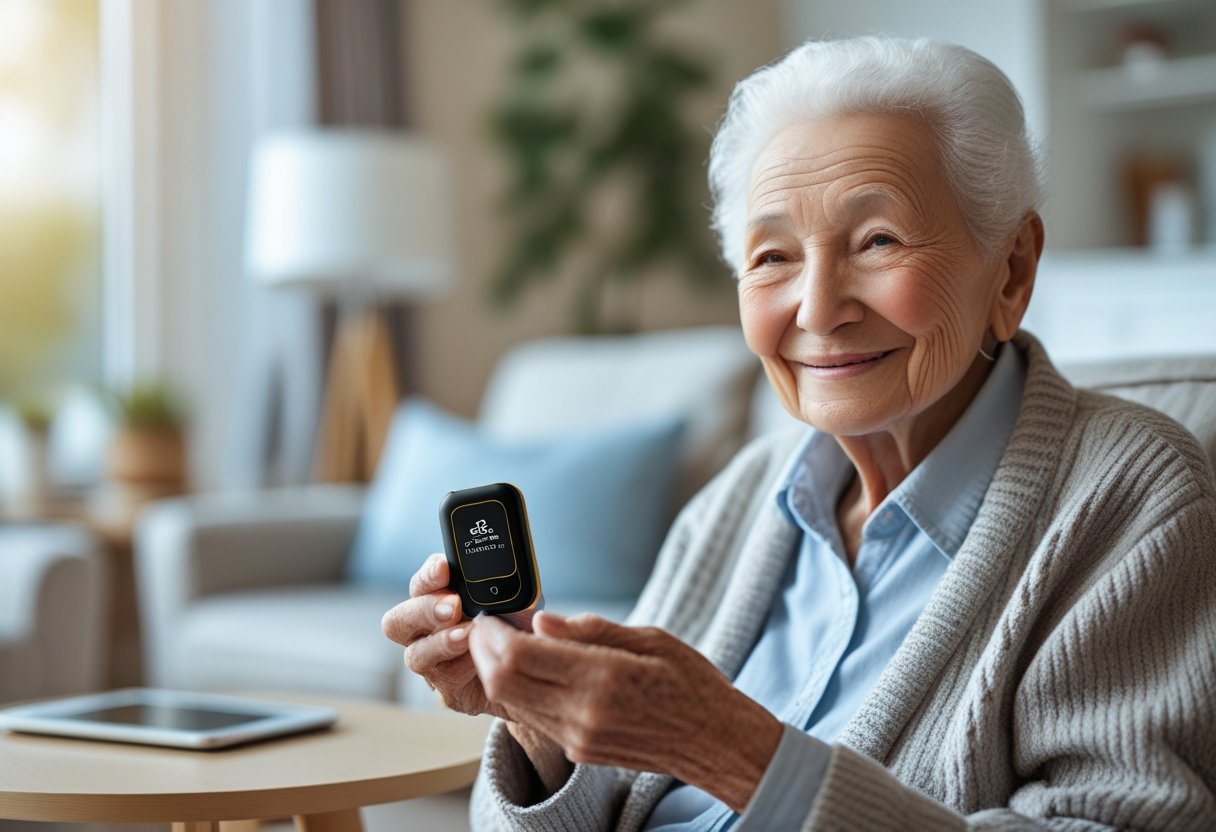 An elderly person holding a small GPS tracking device in a bright living room, smiling gently.