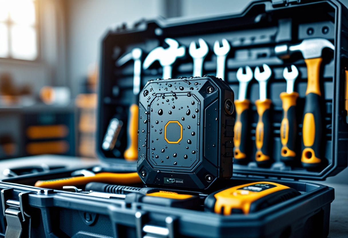 A waterproof GPS tracker attached to tools inside an open toolbox in a workshop.